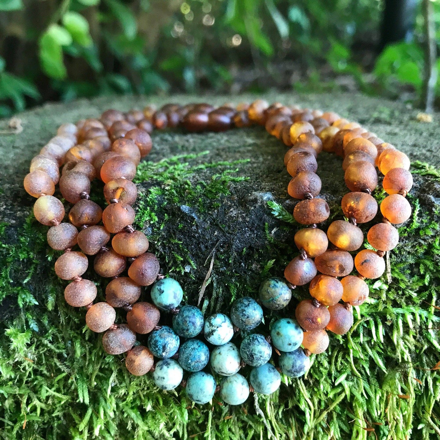 African Turquoise + Raw Cognac Amber Necklace