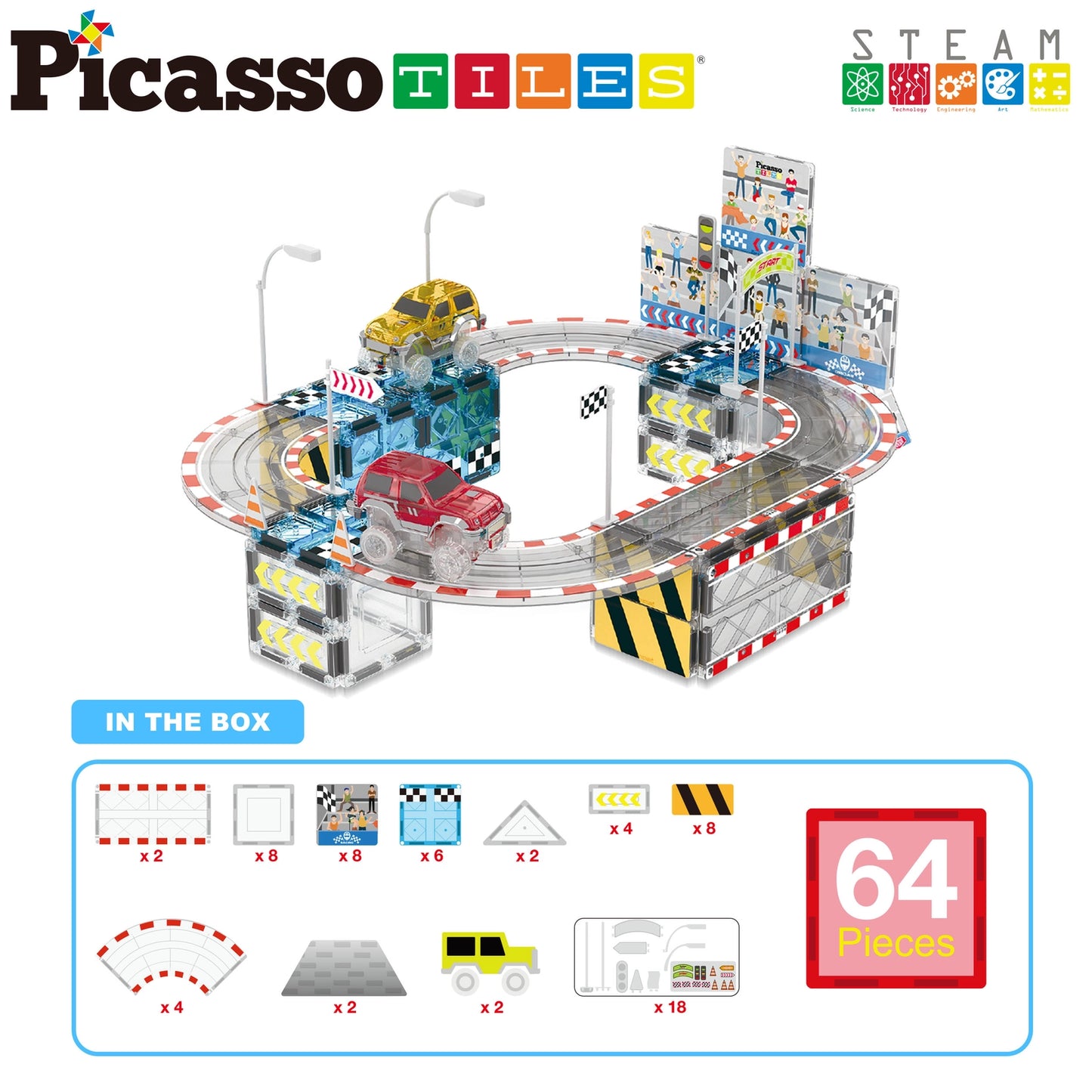 Magnet Tiles Building Blocks Stadium Race Track with 2 Trucks