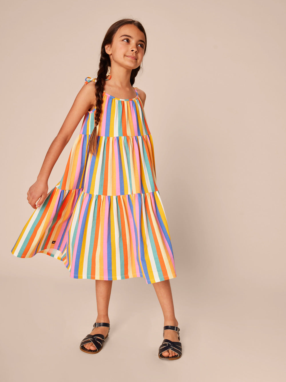 Lamu Sunset Stripe Tie Shoulder Tiered Dress