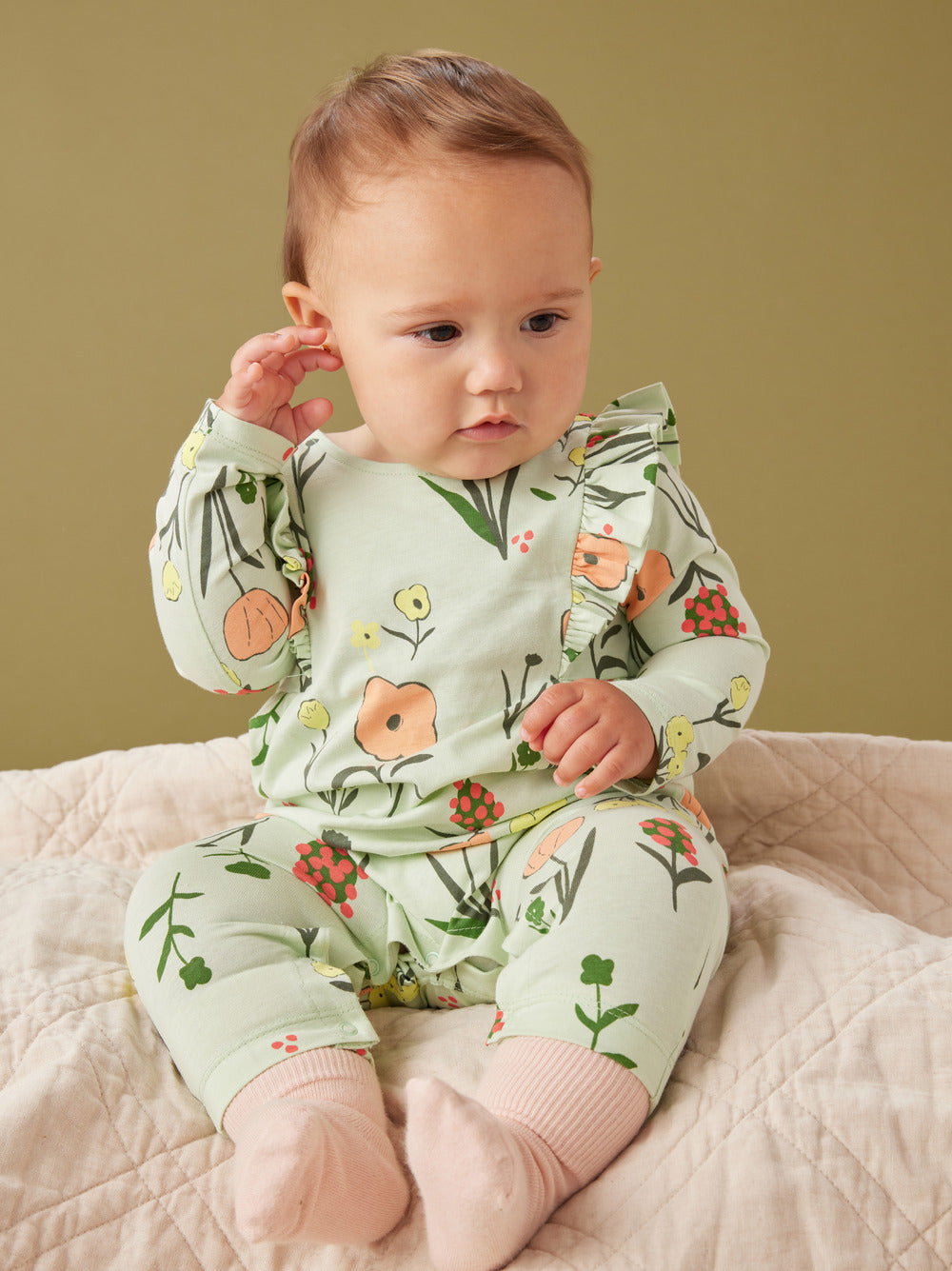 Freyja Floral in Green Ruffle Sleeve Baby Romper