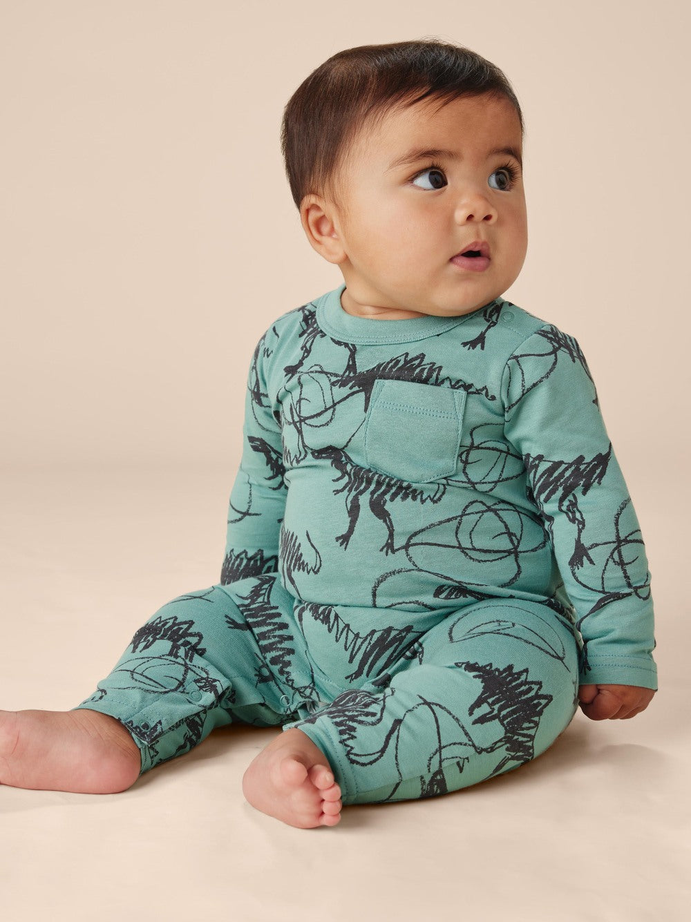 Scribbled Dinosaurs Long Sleeve Pocket Baby Romper