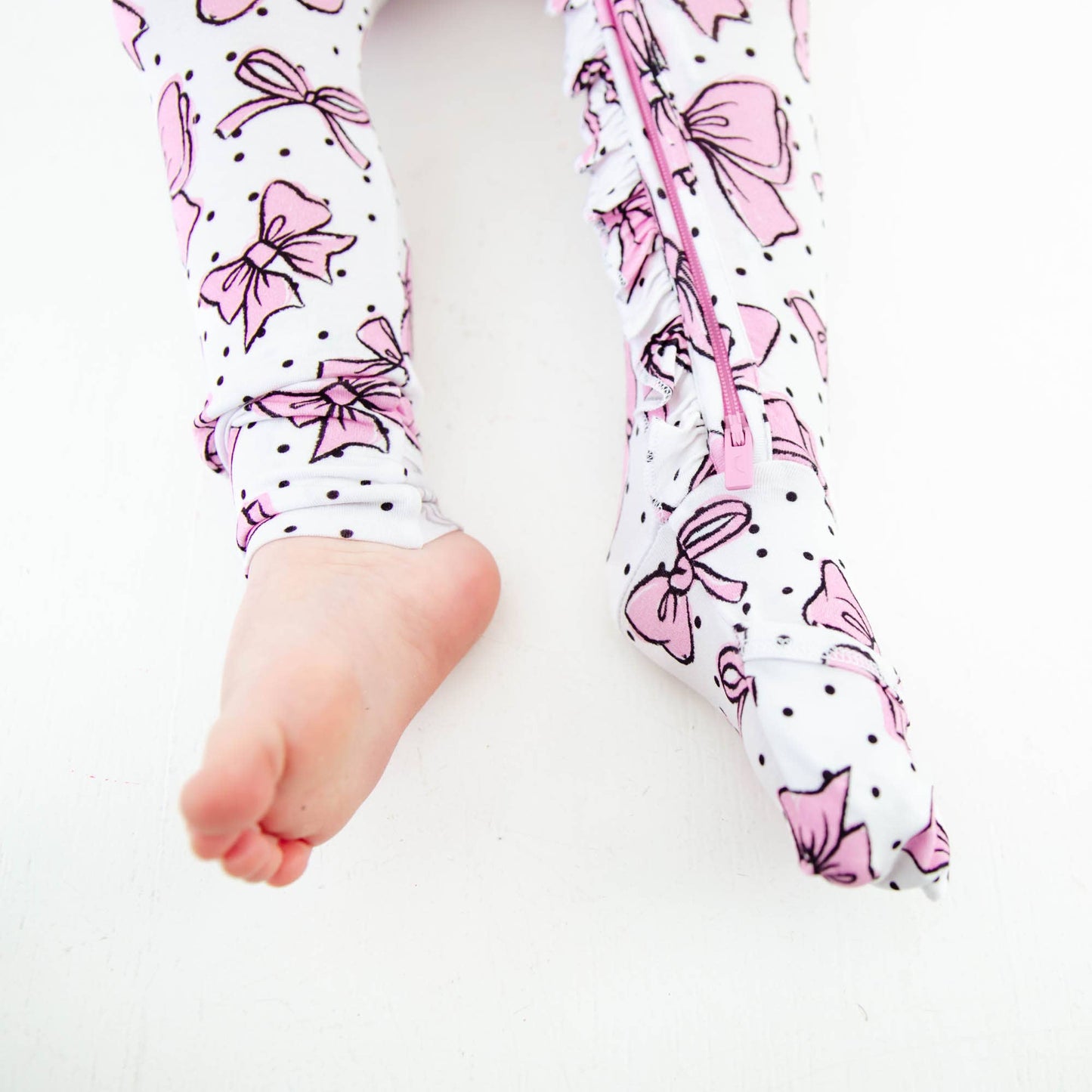 All Tied Up Pink Bows Bamboo Ruffle Convertible Footie PJs