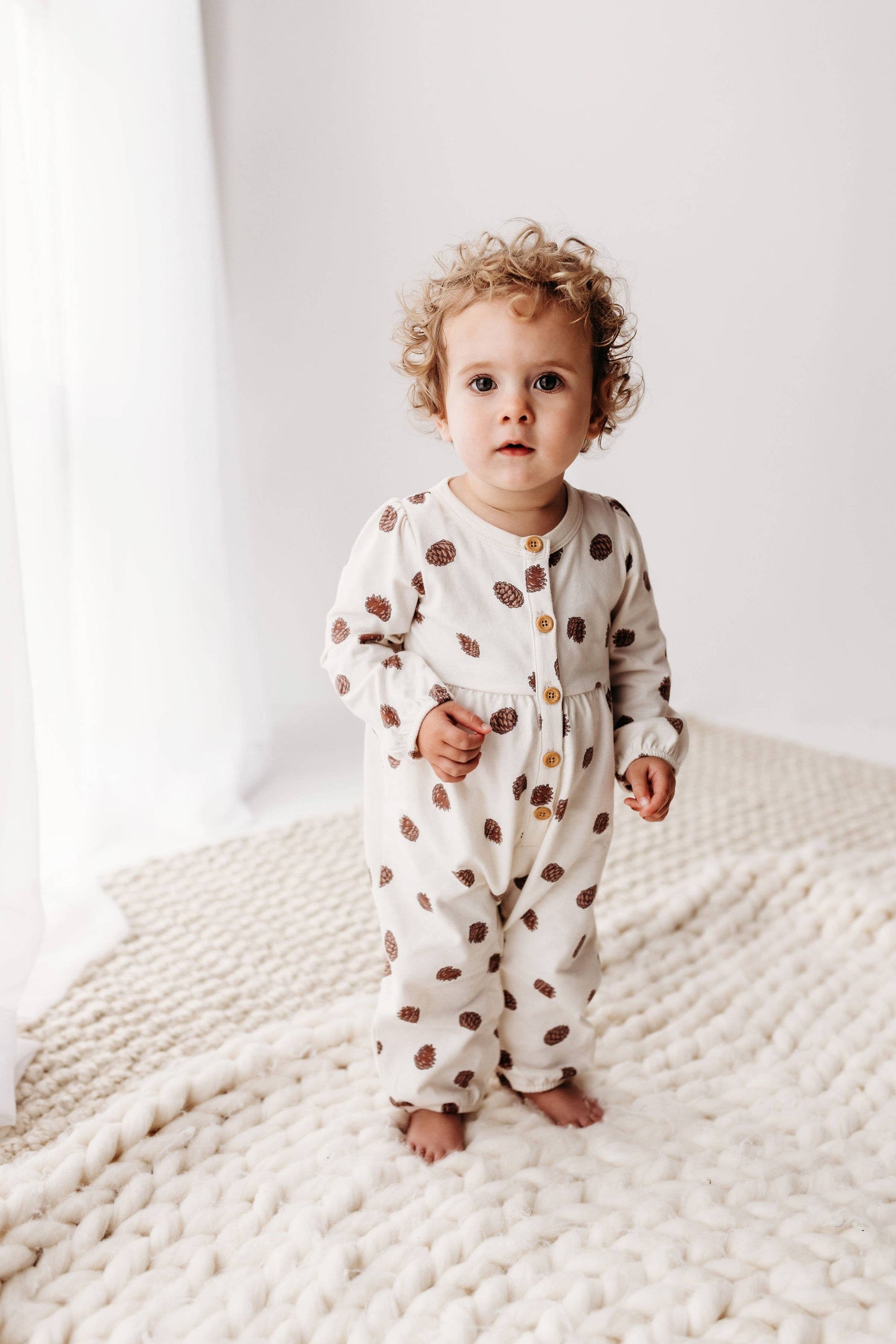 PNW Baby Gathered Button Romper- Pinecones