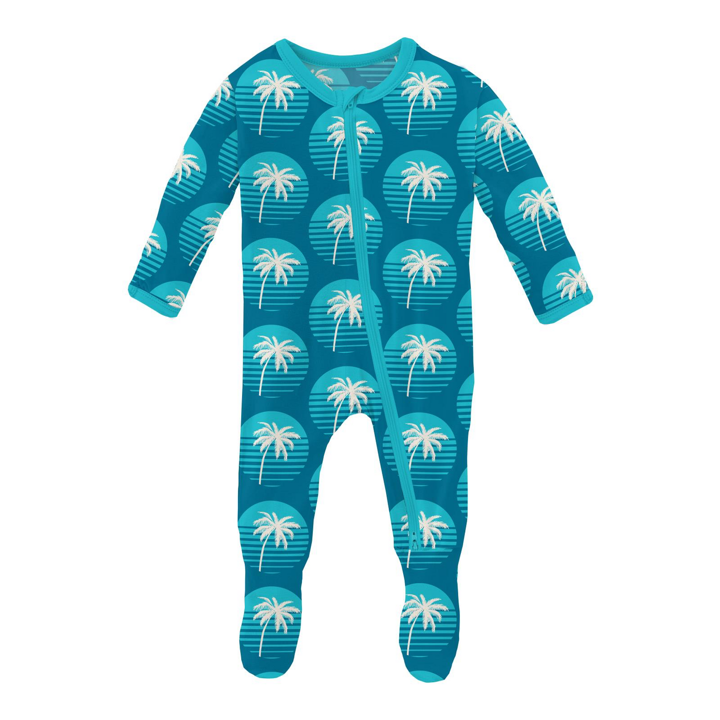 Cerulean Blue Palm Tree Sun Print Footie with 2 Way Zipper