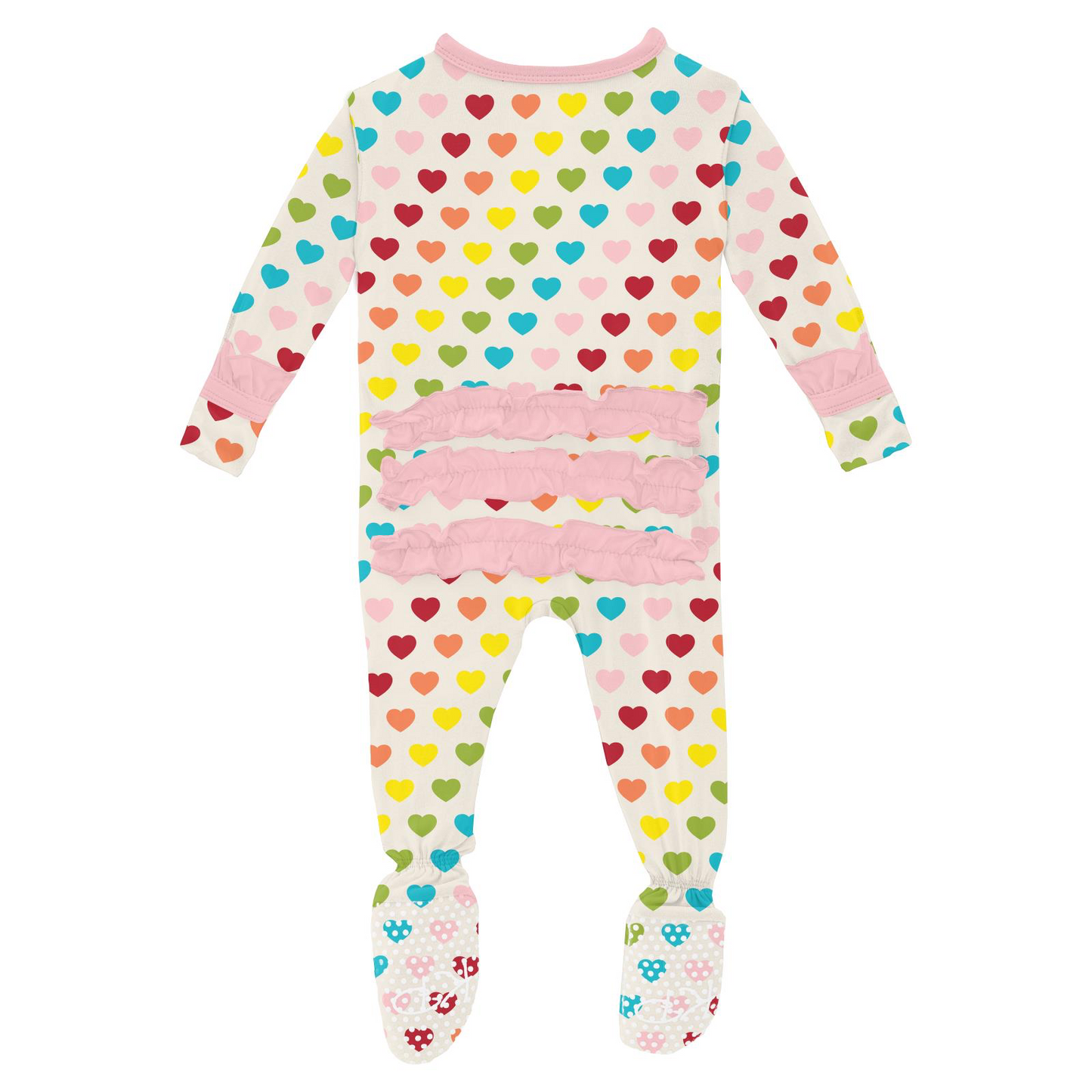 Rainbow Hearts Print Classic Ruffle Footie with 2 Way Zipper