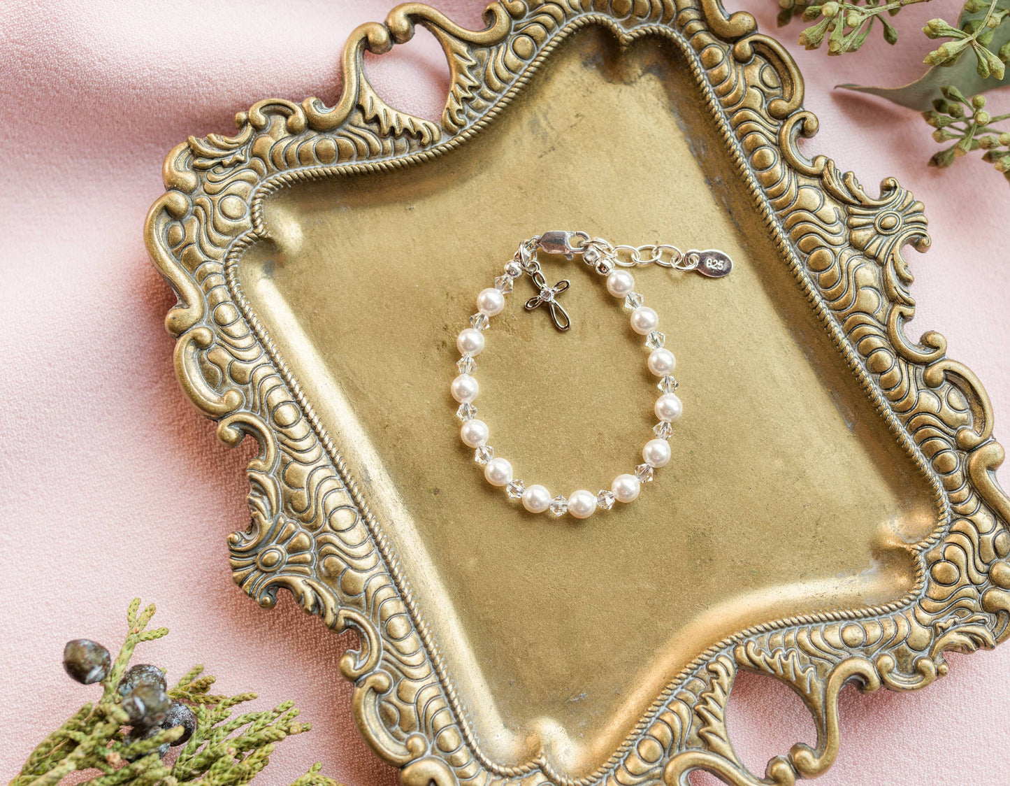 Grace-Silver Pearl Cross Bracelet Baptism & Communion Gift