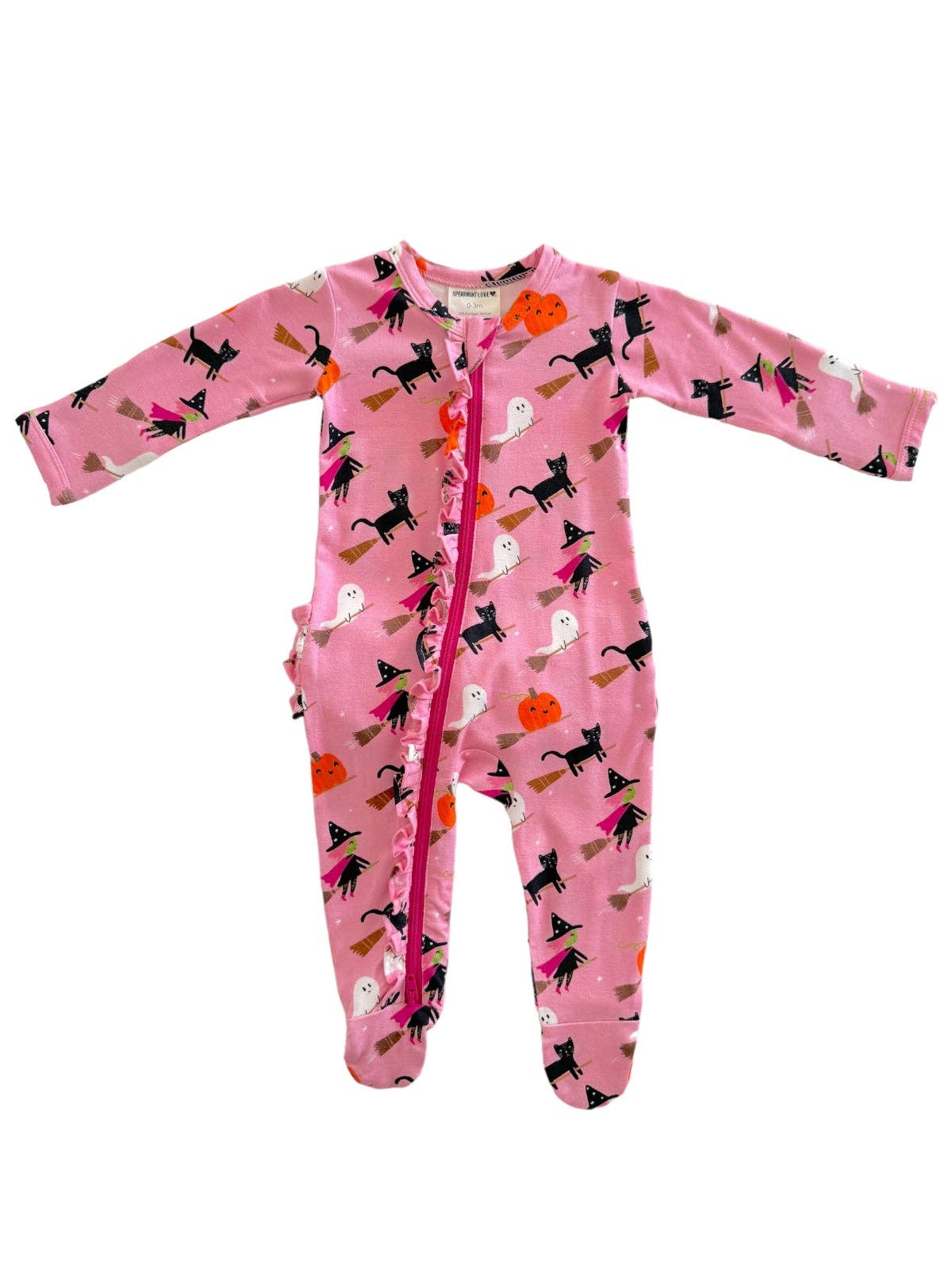 2-Way Ruffle Zip Footie, Broomstick Friends Pink