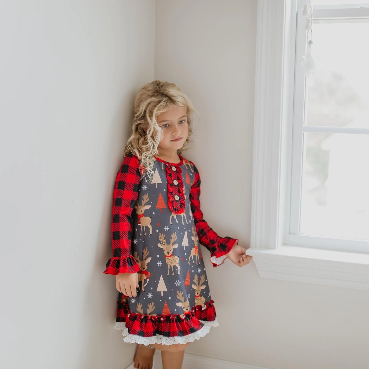 Girls Deer Holiday Ruffle Bottom Nightgown