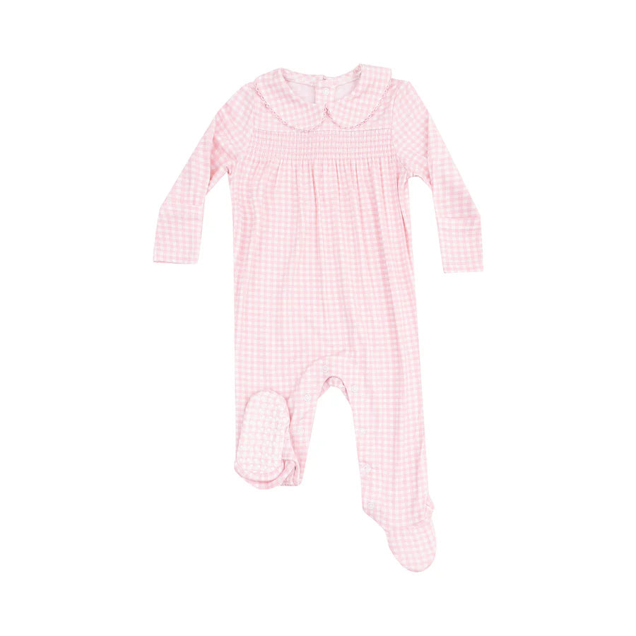 Pink Mini Gingham Smocked Peter Pan Snap Footie