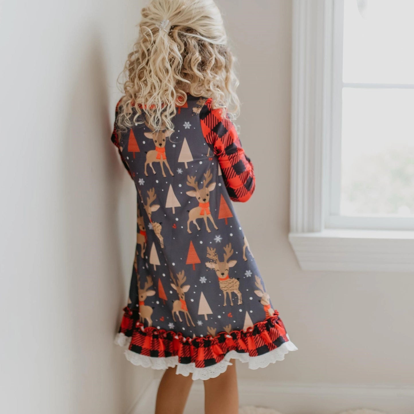 Girls Deer Holiday Ruffle Bottom Nightgown