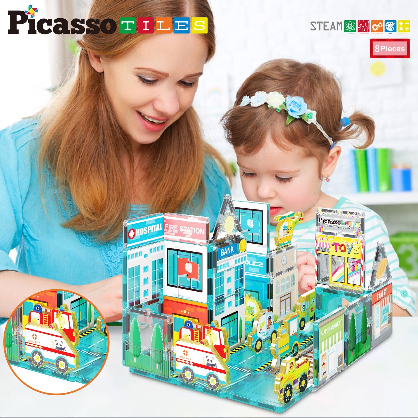 8pc Magnet Building Blocks Metro City Vehicle Action Figures