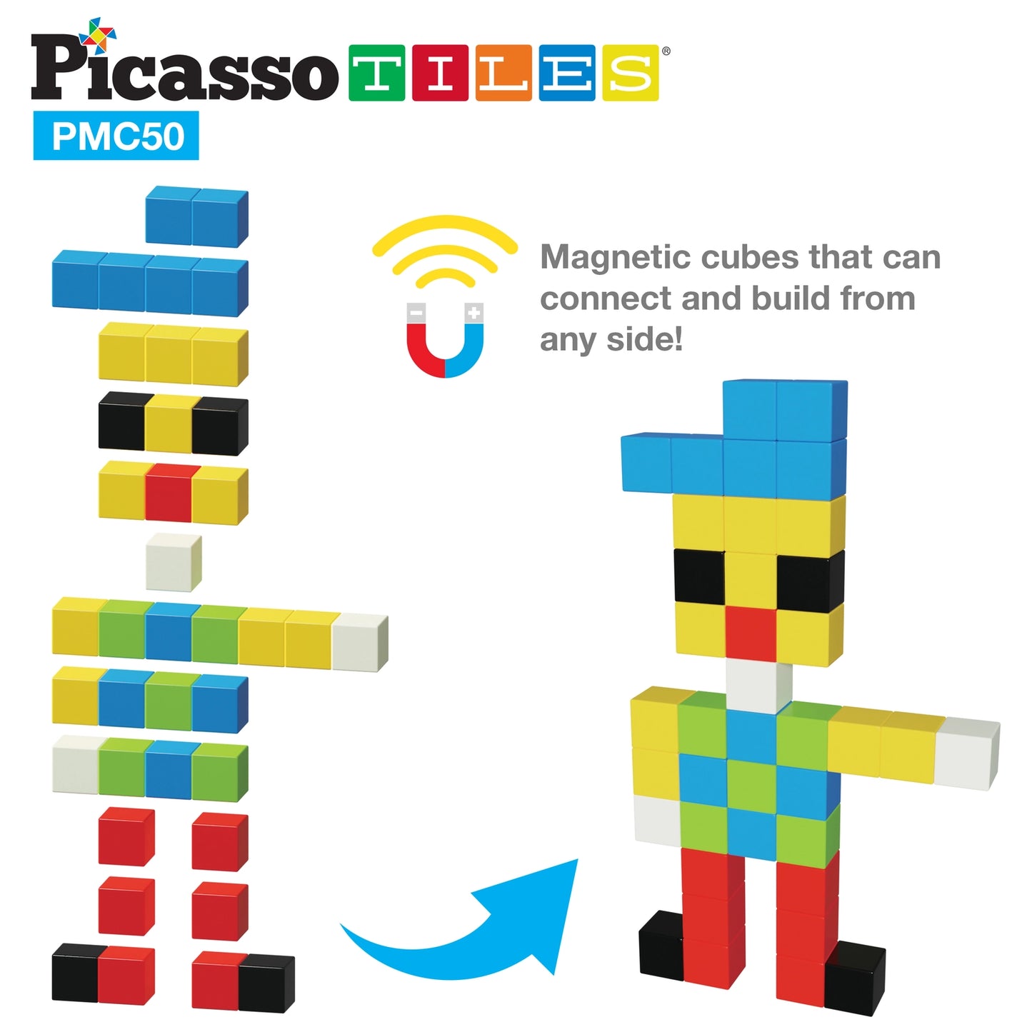 PicassoTiles 50pc 1" Pixel Magnetic Cube Set