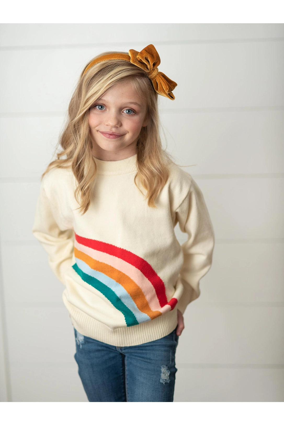 Girls Cream Ivory Rainbow Crew Neck Sweater
