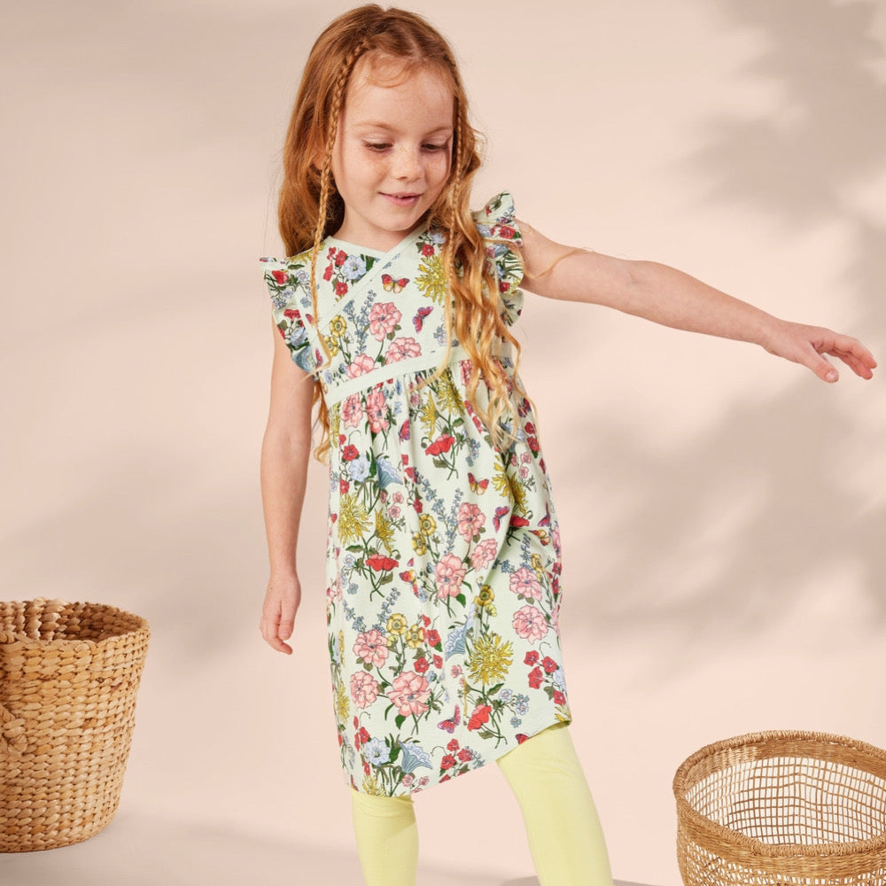 Intricate Lyrical Floral Ruffle Sleeve Wrap Neck Dress