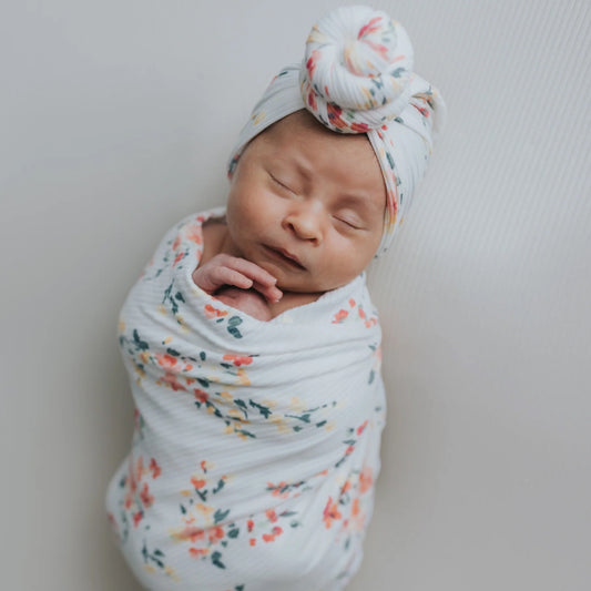 Coral Floral Swaddle Blanket with Knotted Turban