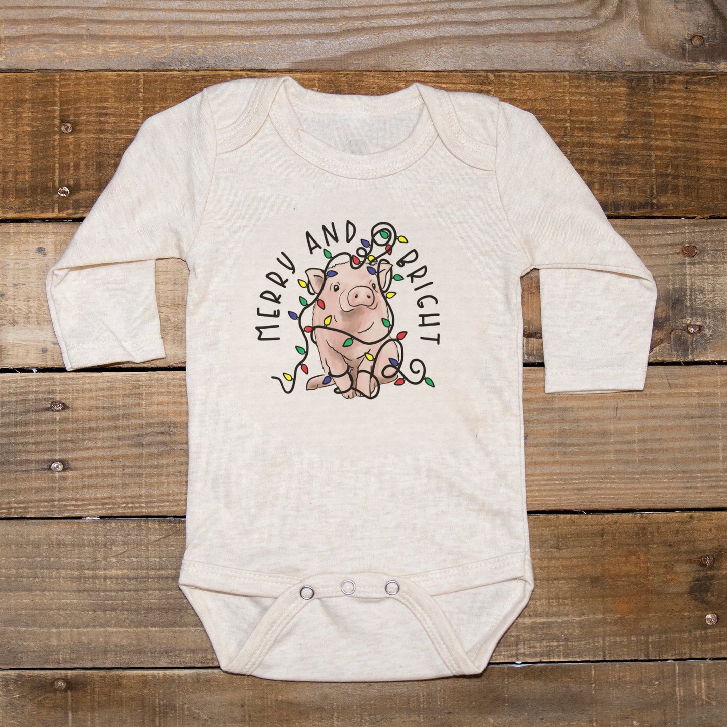 "Merry & Bright" Cute Pig Beige Country Christmas Body Suit