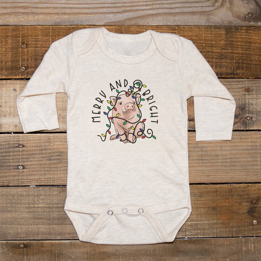"Merry & Bright" Cute Pig Beige Country Christmas Body Suit: 0-3 months / Long Sleeves