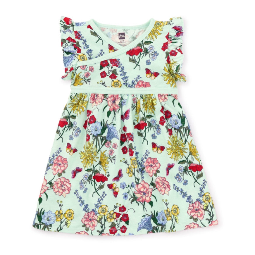 Intricate Lyrical Floral Ruffle Sleeve Wrap Neck Dress