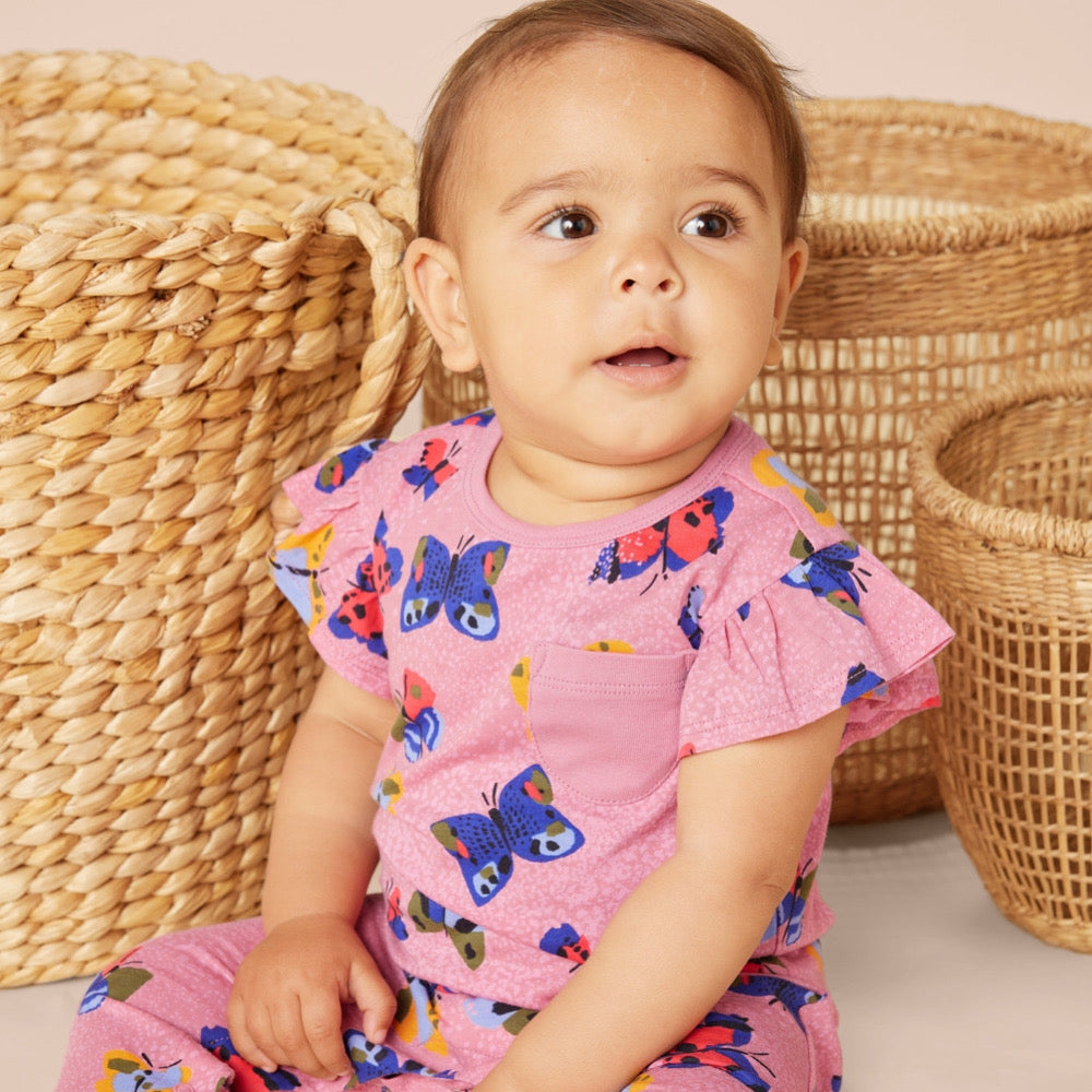 Painted Kenyan Butterflies Ruffle Sleeve Pocket Romper