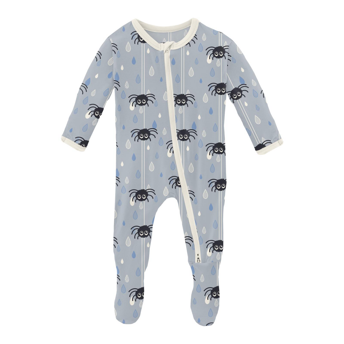 Pearl Blue Itsy Bitsy Spider Print Footie with 2 Way Zipper