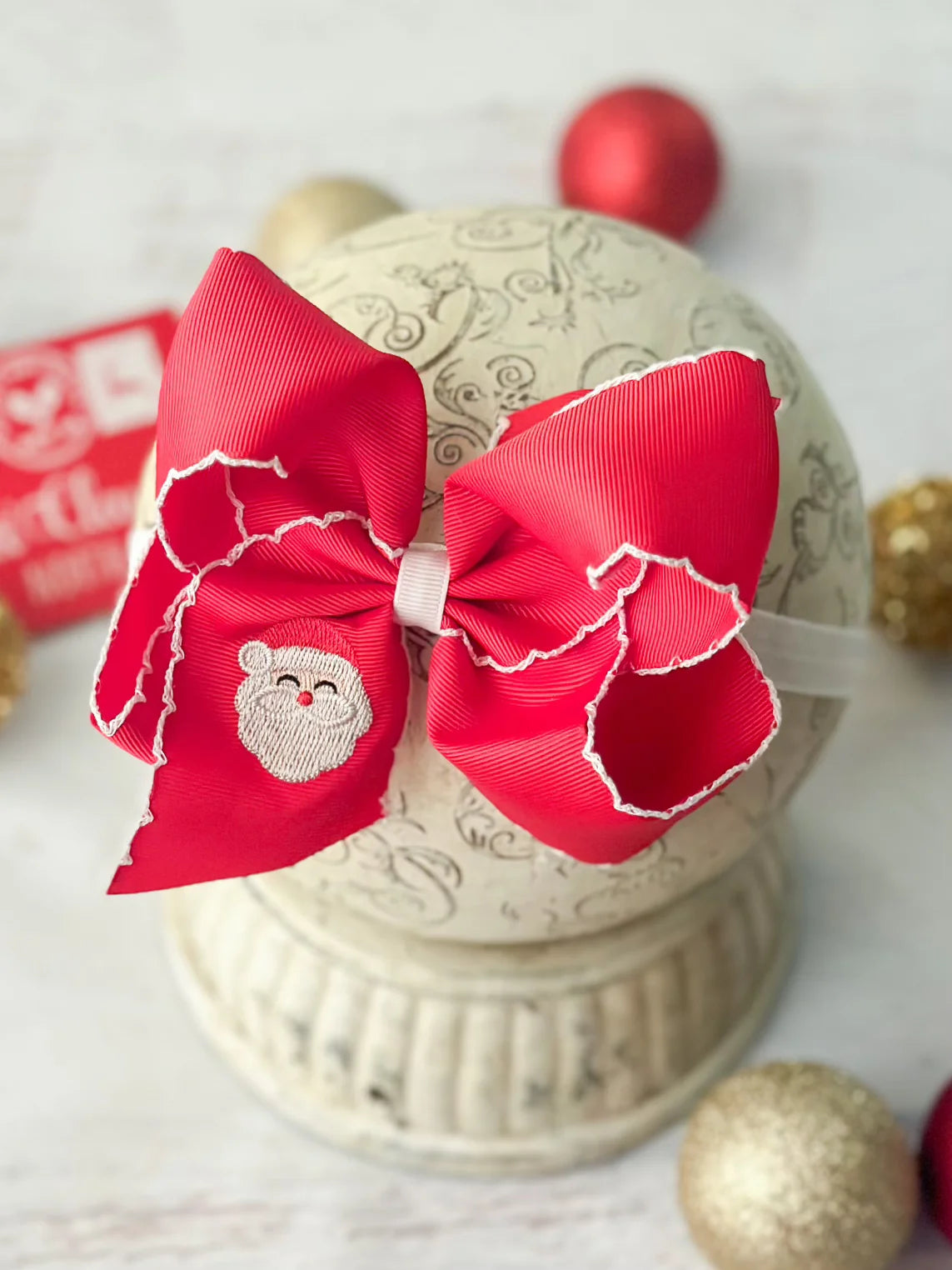 Santa Embroidered Hair Bow | Clip or Headband 4.5"
