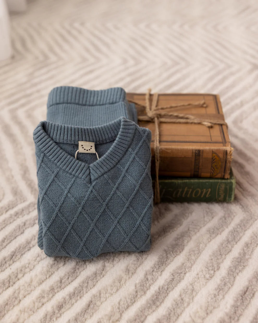 "Romeo" Mixed Knit Cardigan & Pant Set-Blue