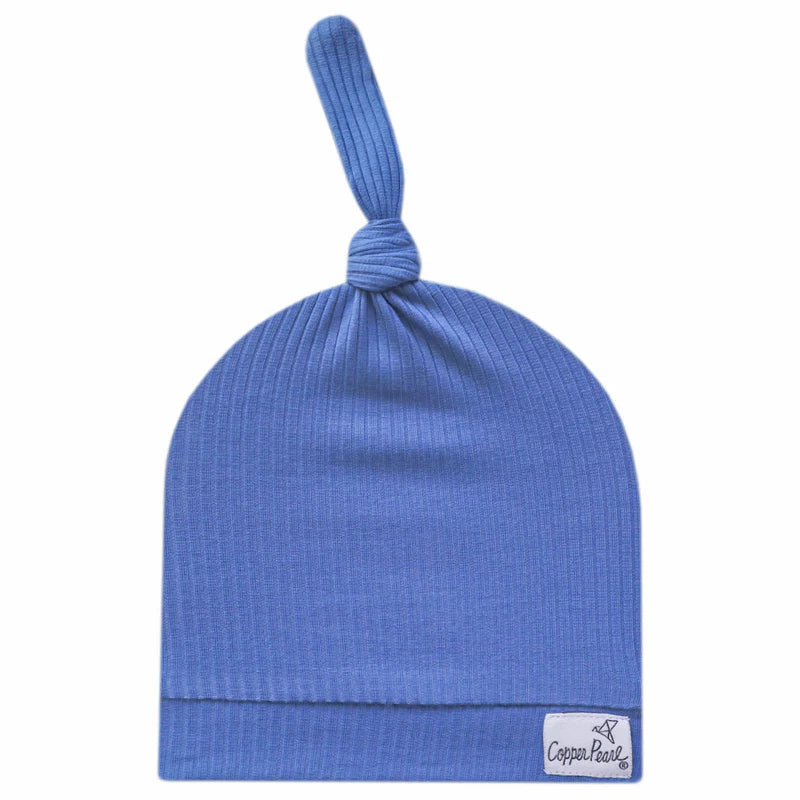 Copper Pearl Top Knot Hat 0-4mo - Indigo Rib