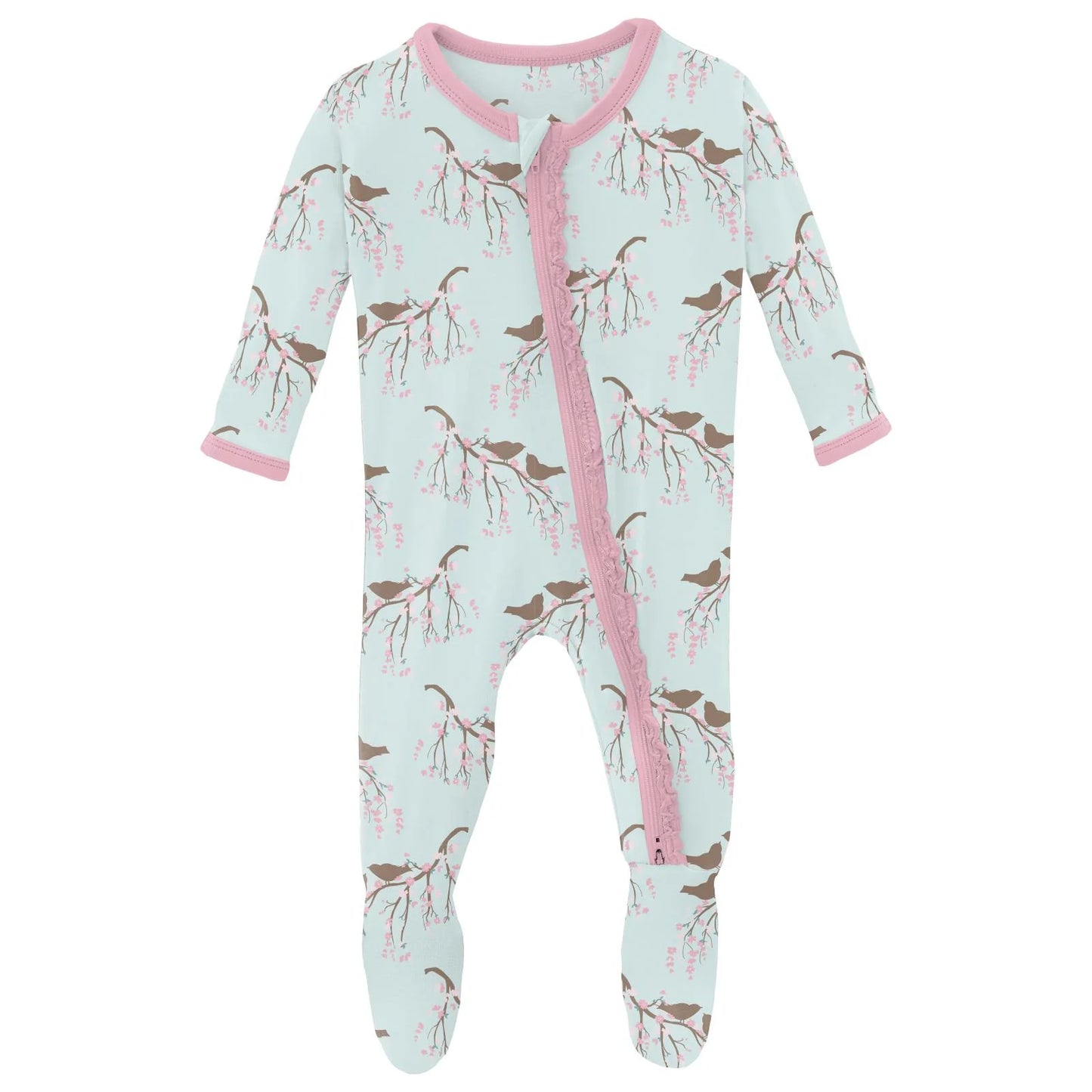 Fresh Air Bird Branch Layette Ruffle Footie w 2 Way Zipper