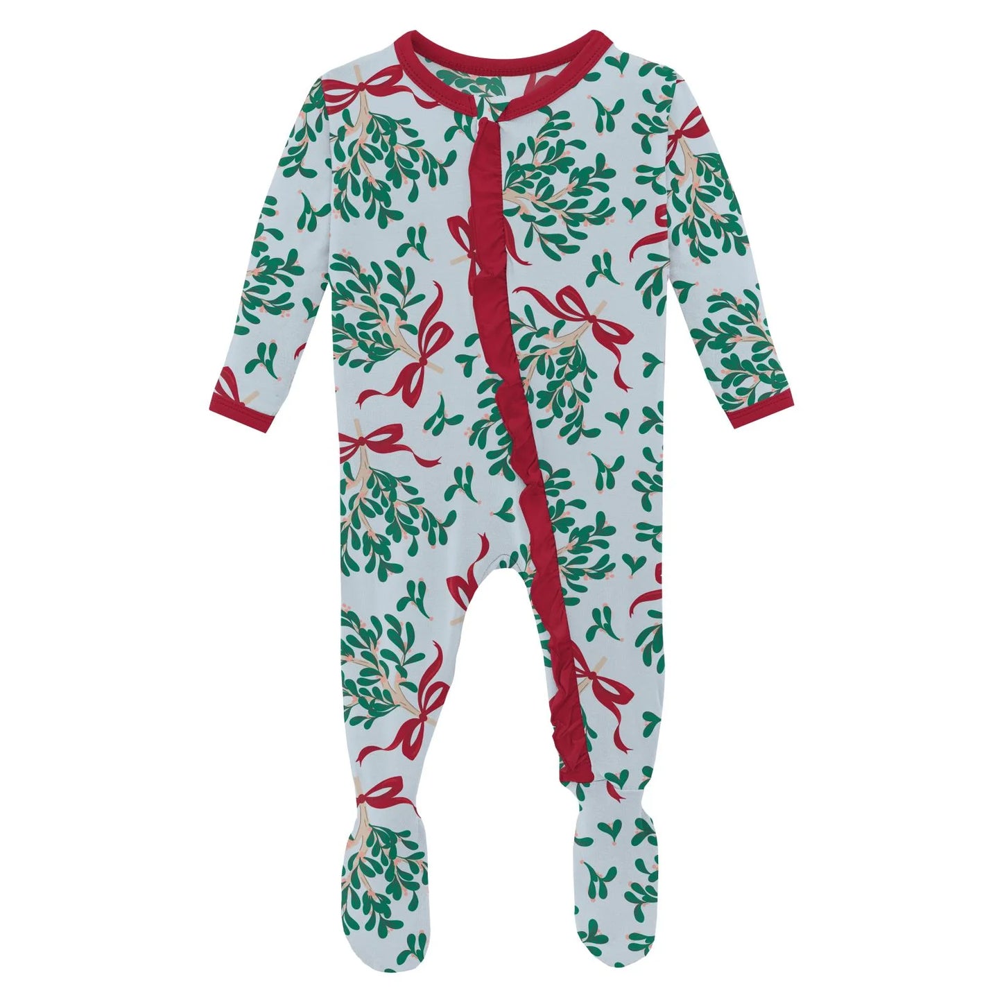 Illusion Blue Mistletoe & Ribbons Ruffle Footie w/ 2 Way Zipper