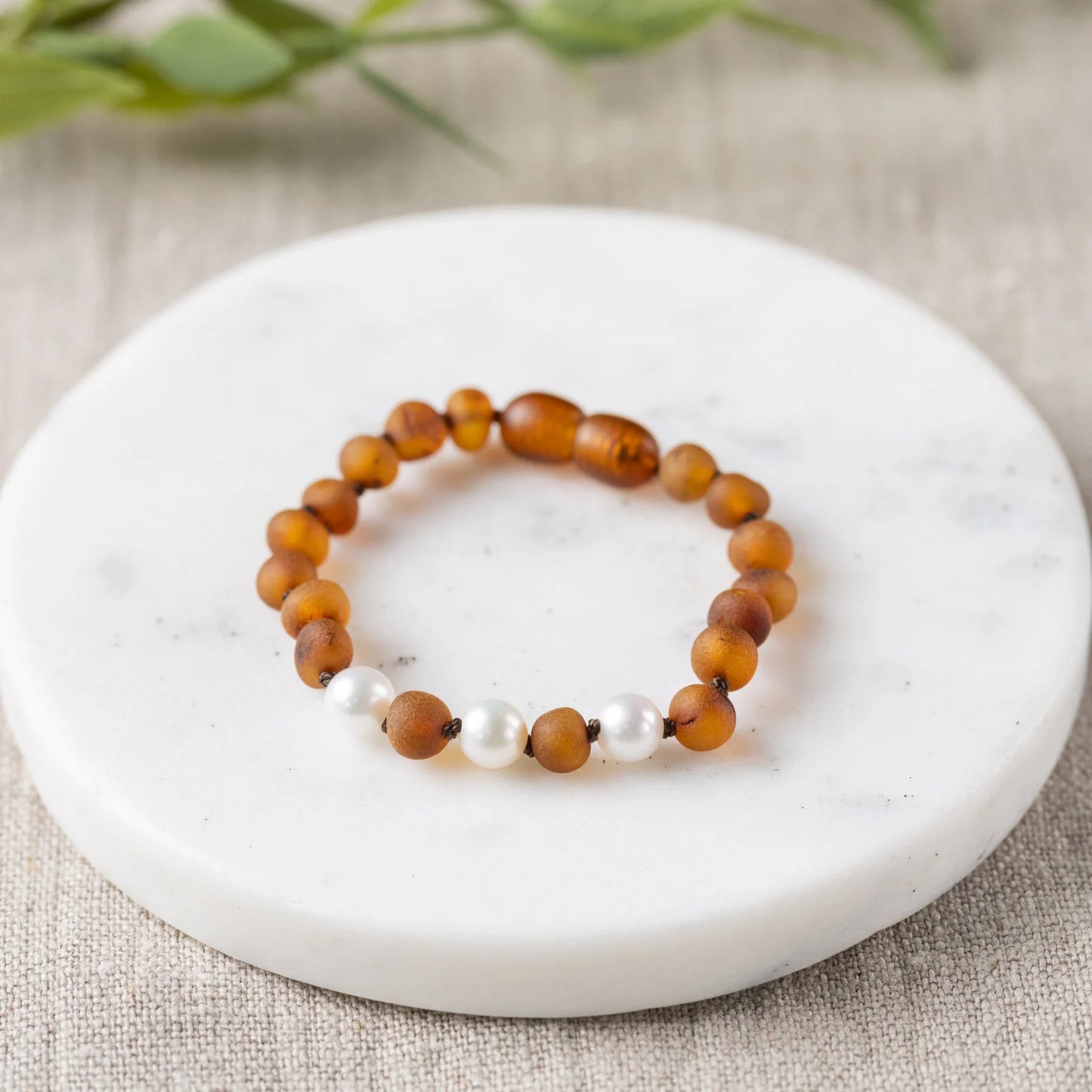 Freshwater Pearl Accent + Raw Cognac Amber Kids Bracelet 5-6"