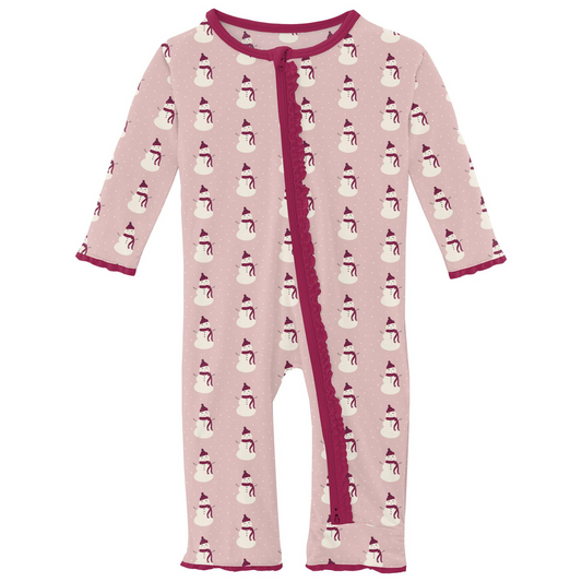 Baby Rose Tiny Snowman Print Muffin Ruffle Coverall with 2 Way Zipper
