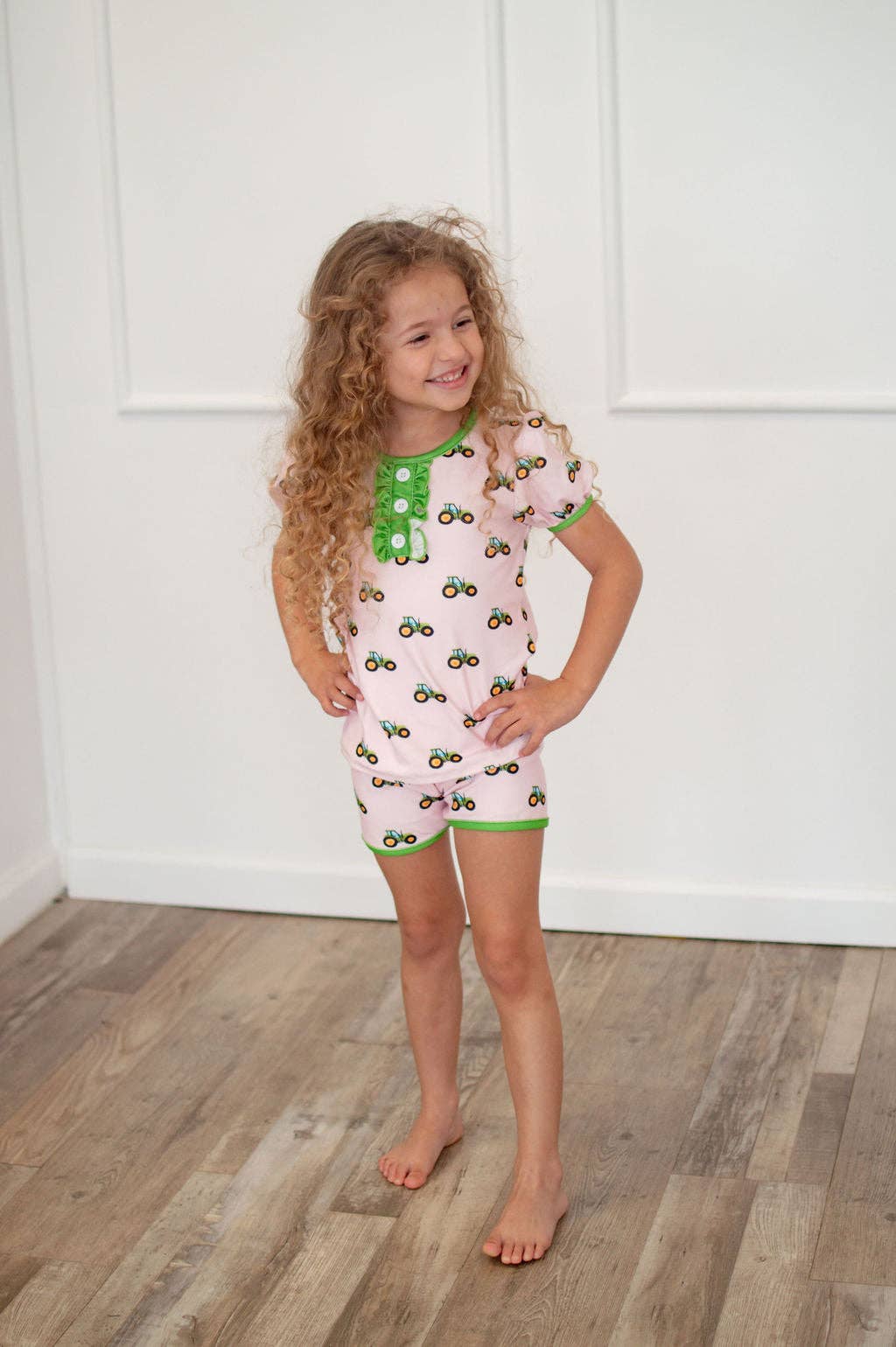 Ruffle Short Sleeve Lounge Set - Tractors On Pink