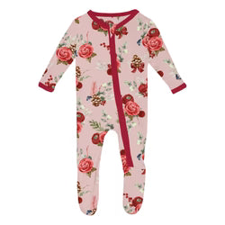 Kickee Layette Ruffle Footie with 2 Way Zipper | Baby Rose Holiday Floral