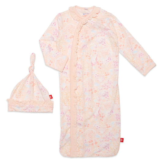 Coral Floral Modal Magnetic Ruffle Cozy Sleeper Gown + Hat Set