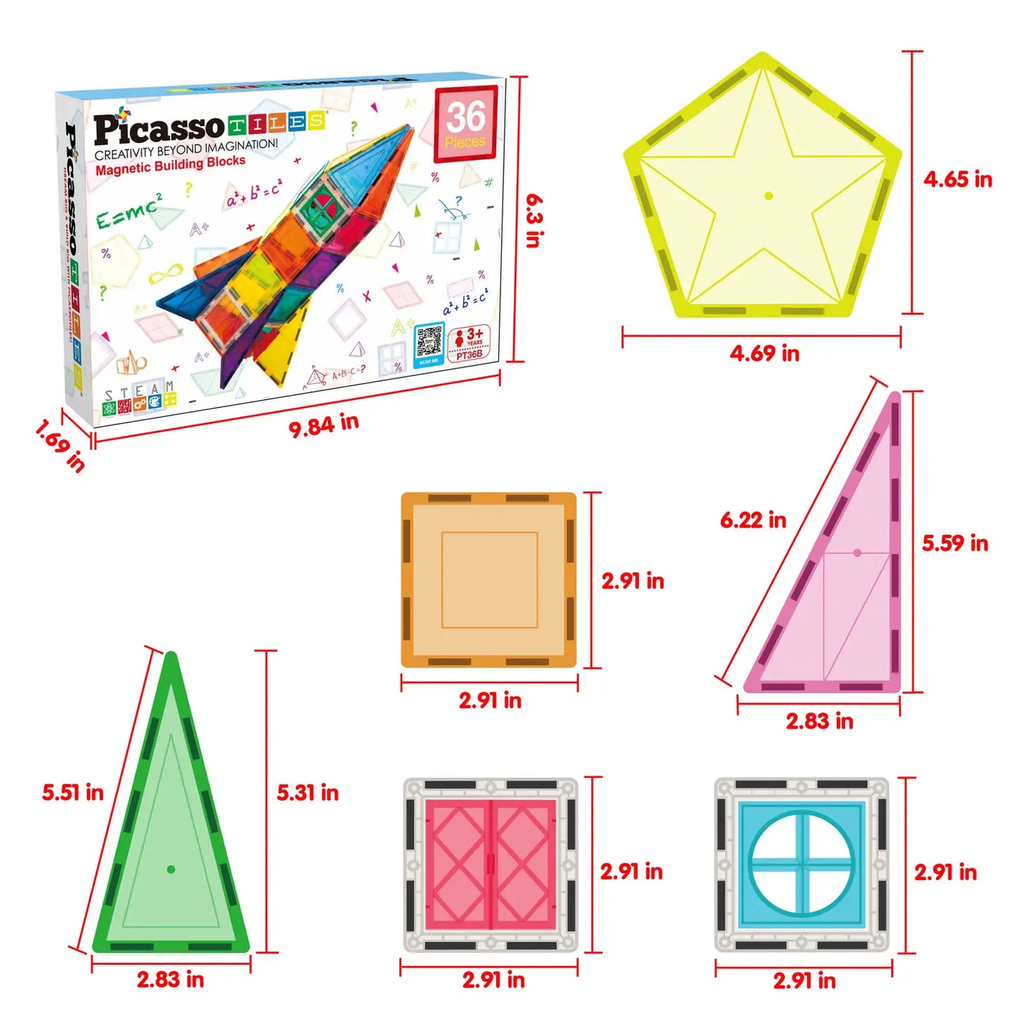 PicassoTiles 36 Piece Rocket Set Magnetic Tileset