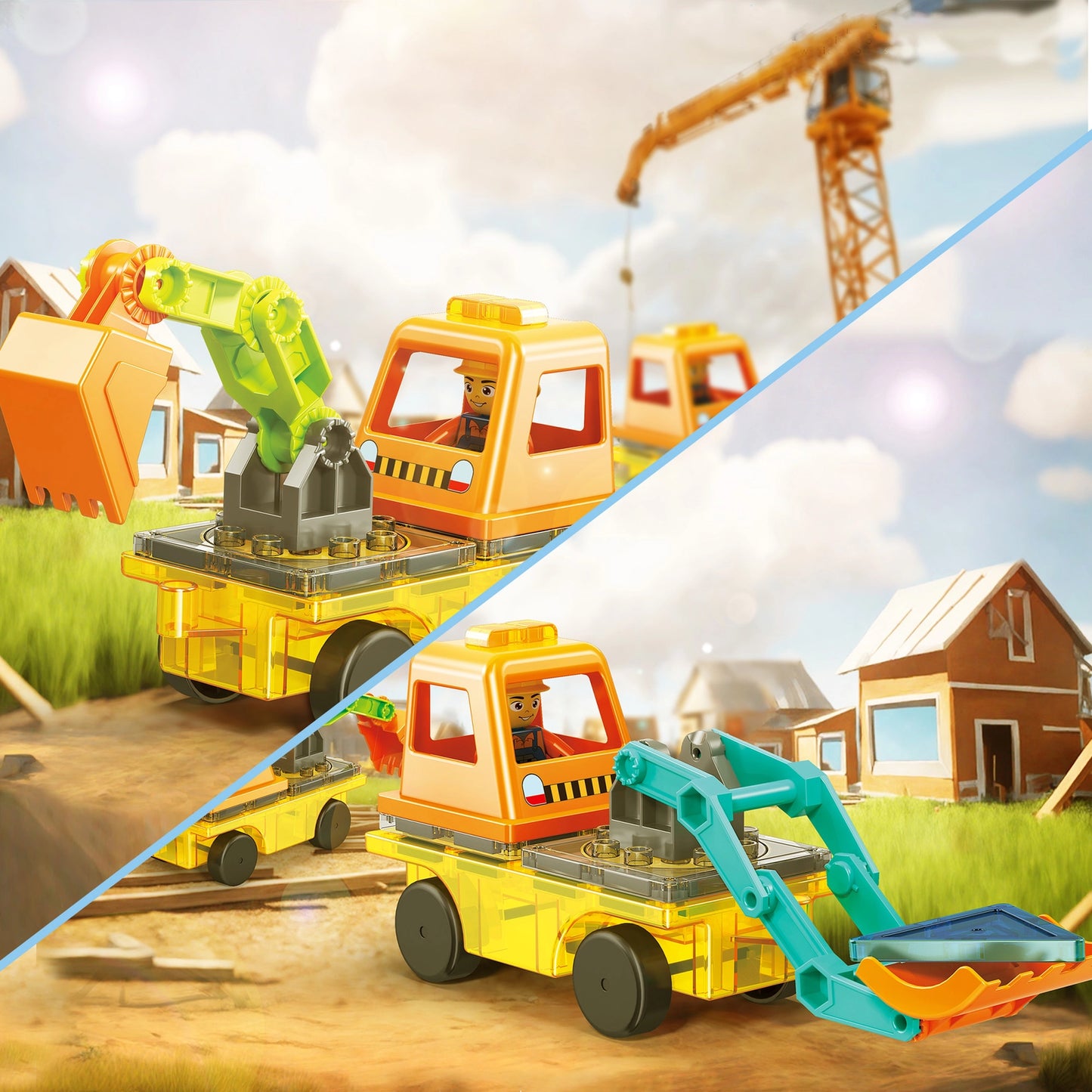 Magnet Tiles Building Blocks 2in1 Excavator & Backhoe Set