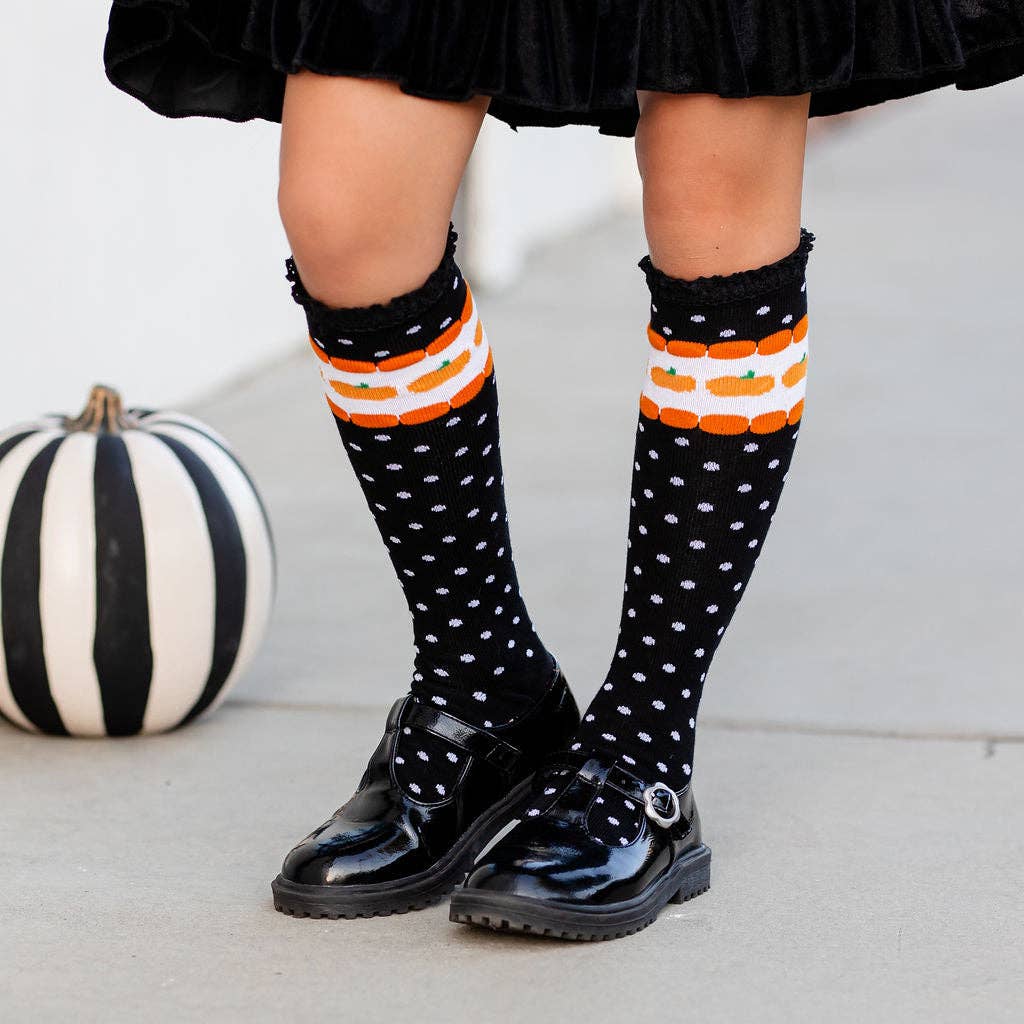 Lace Top Knee High Socks - Pumpkin Dot