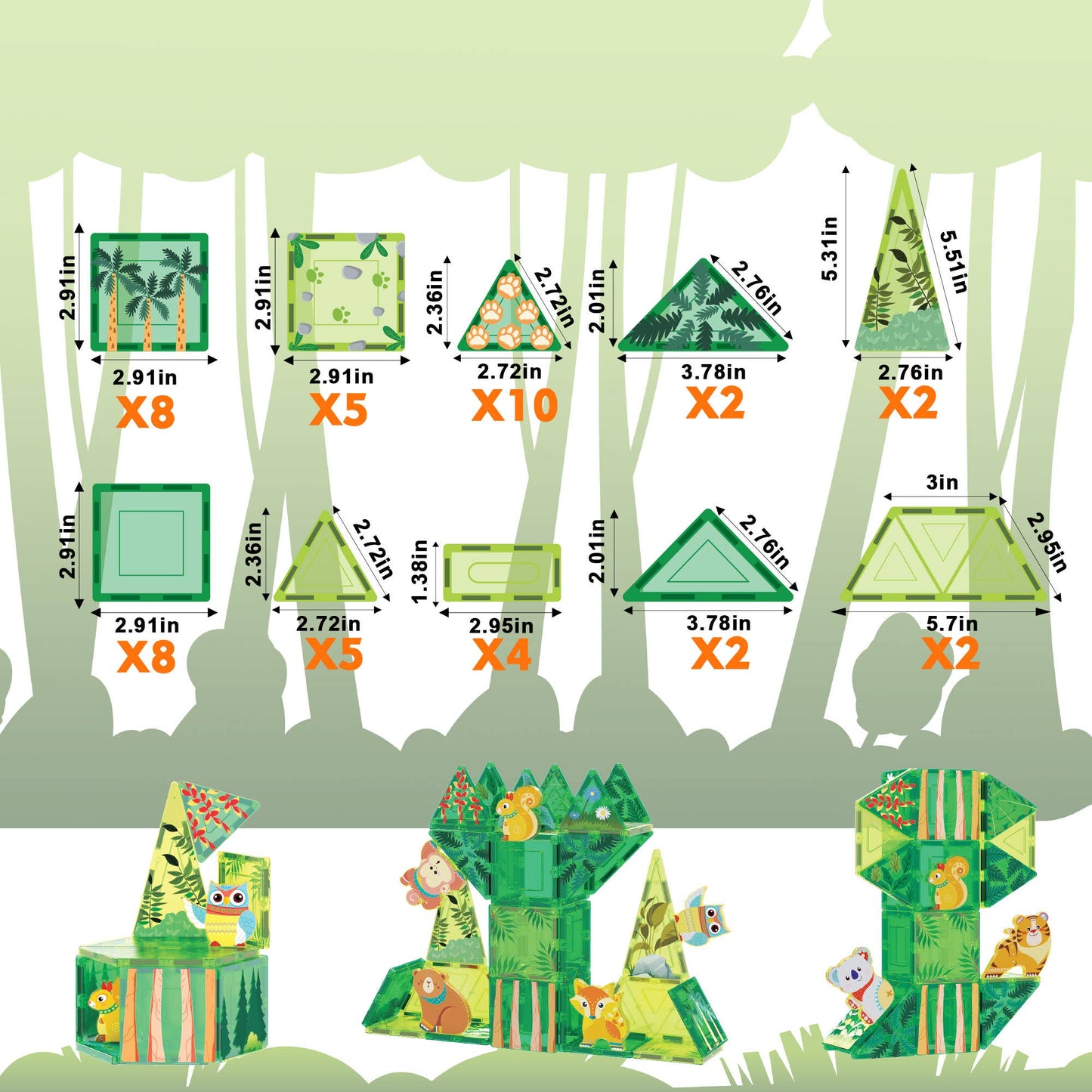 PicassoTiles 56pc (Forest Theme) Magnetic Tile Building Set