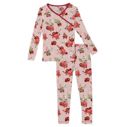 Kickee Pants Print Long Sleeve Kimono Pajama Set- Baby Rose Holiday Floral