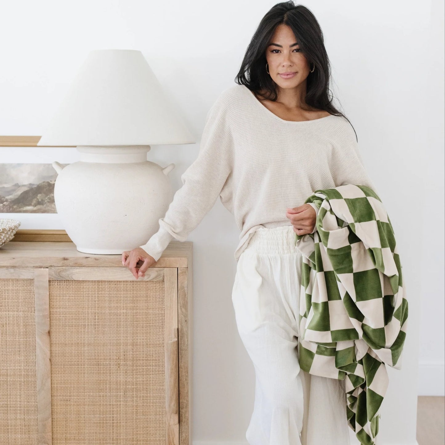 Olive Checkered Minky Stretch Throw Blanket