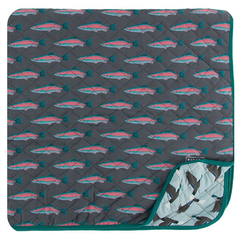 Print Quilted Toddler Blanket - Stone Rainbow Trout/Jade Mallard Duck