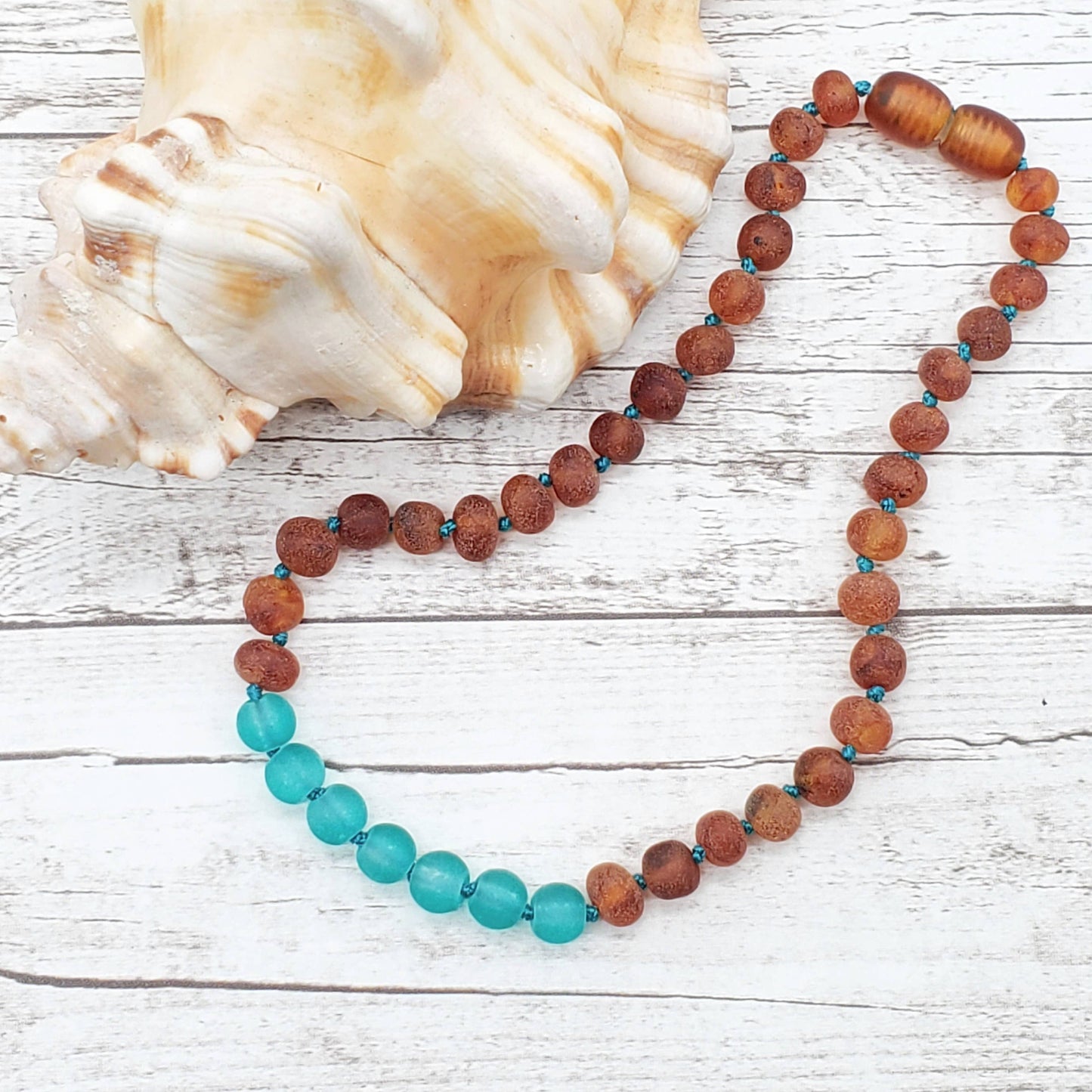 Aqua Sea Glass + Raw Cognac Amber Kids Necklace