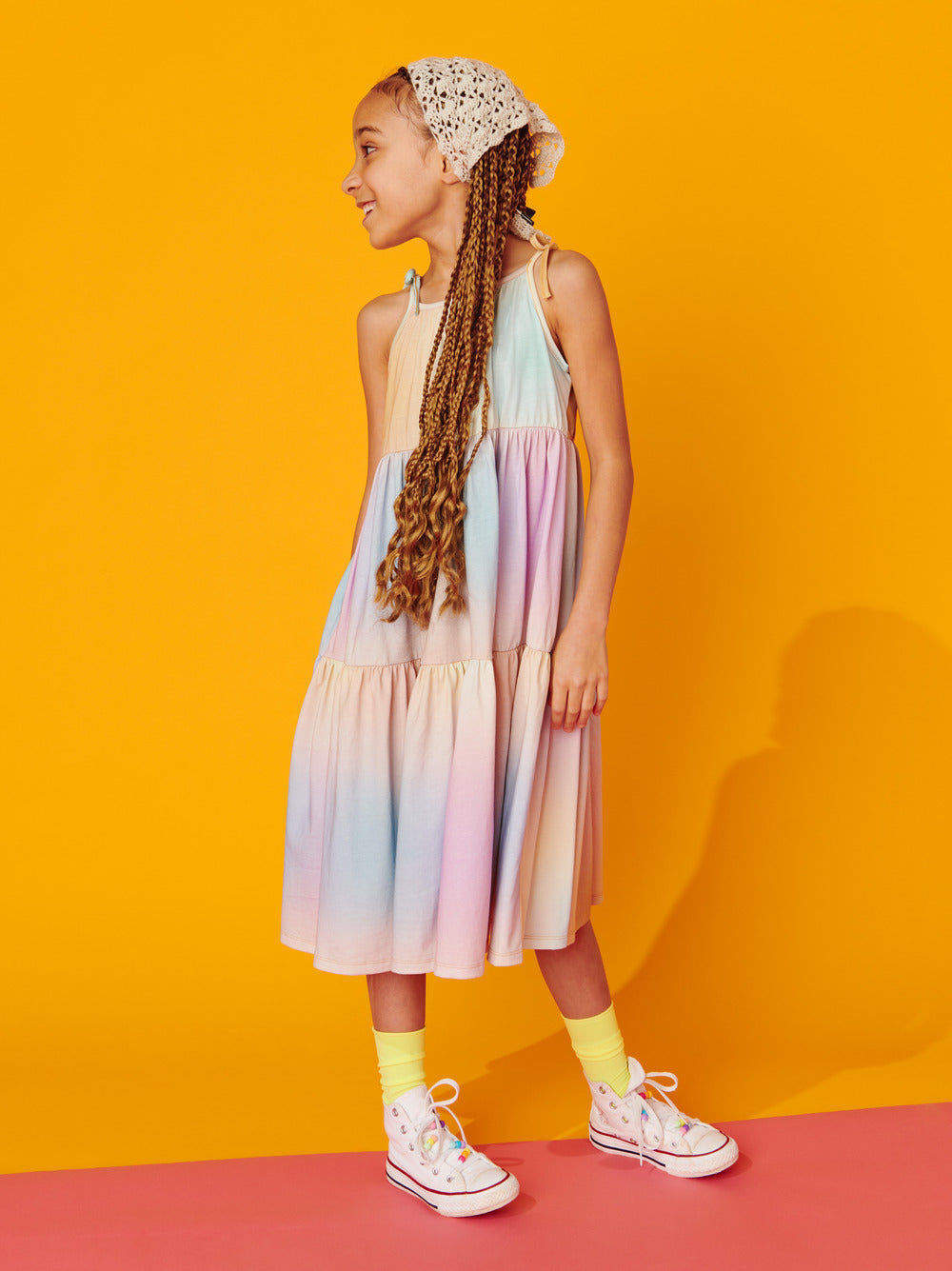 Rainbow Gradient Tiered Tie Shoulder Dress