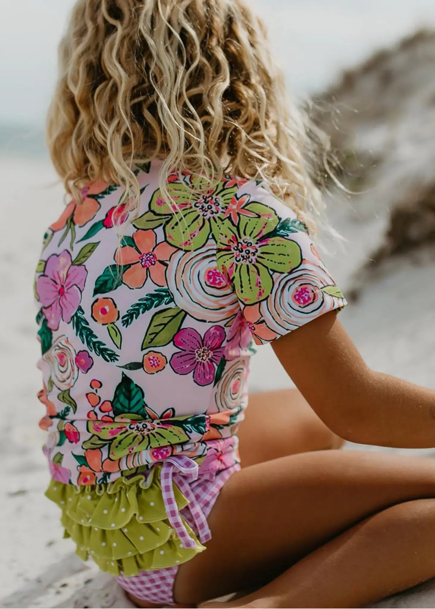 Lavender Check Rash Guard Swimsuit with Ruffle Bottoms