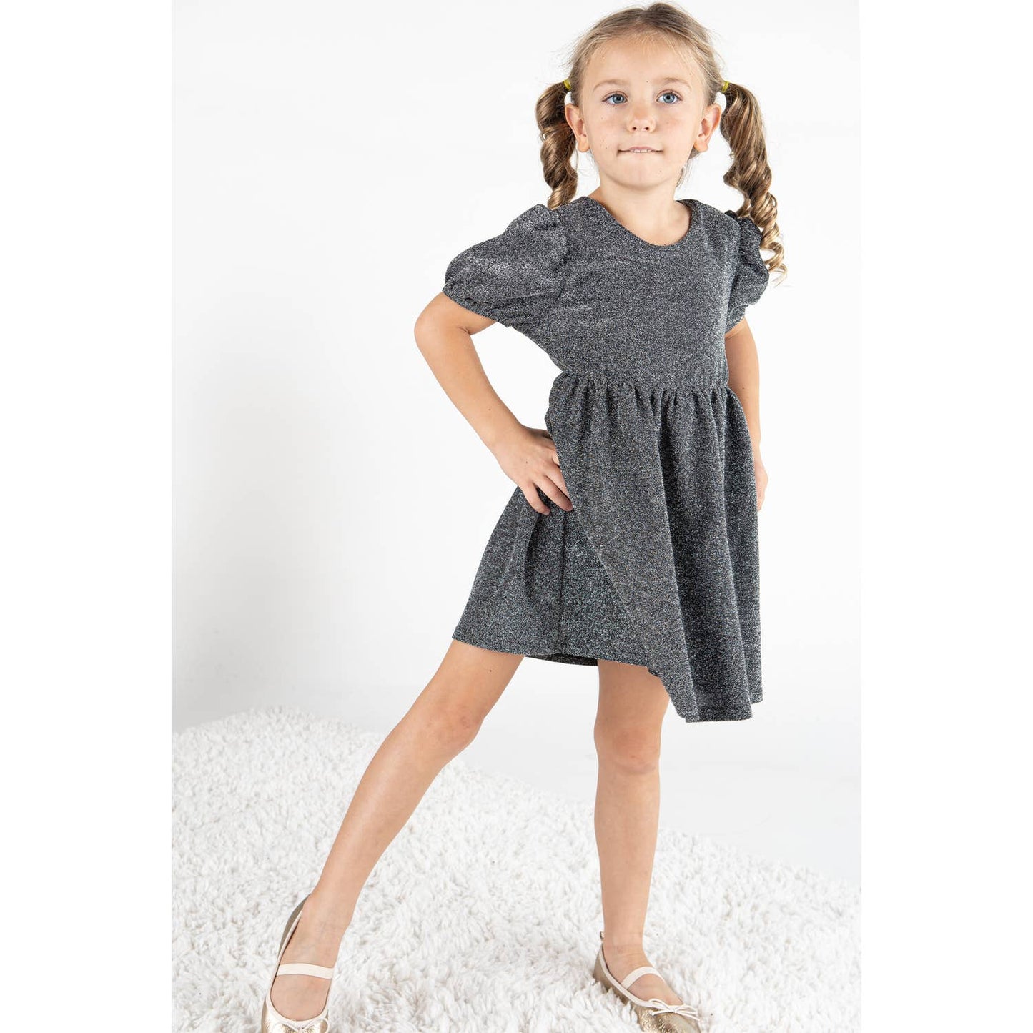 Metallic Puff Sleeves Mini Dress