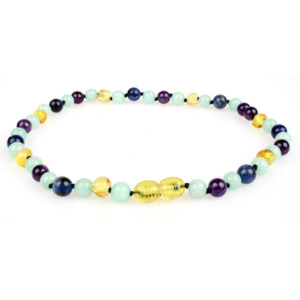 Amethyst & Aquamarine Amber & Gemstone Teething Necklace 12.5"