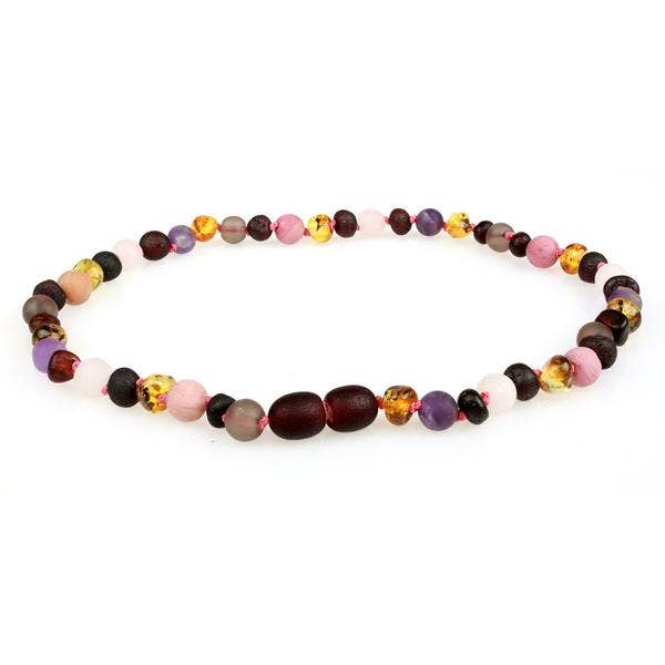 Quartz/Amethyst Amber & Gemstone Teething Necklace 12.5"