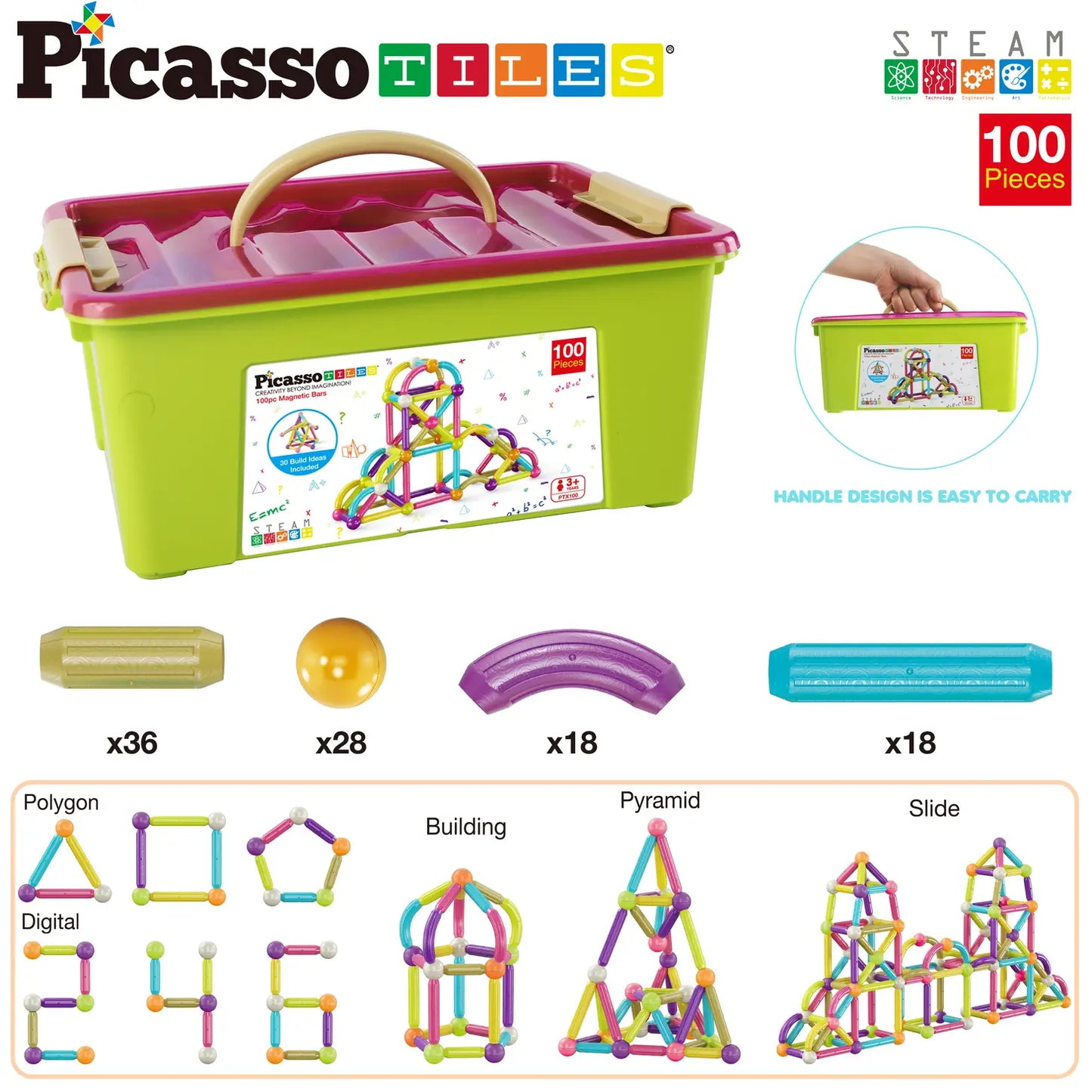 PicassoTiles 100 Piece Magnetic Stick Construction Set
