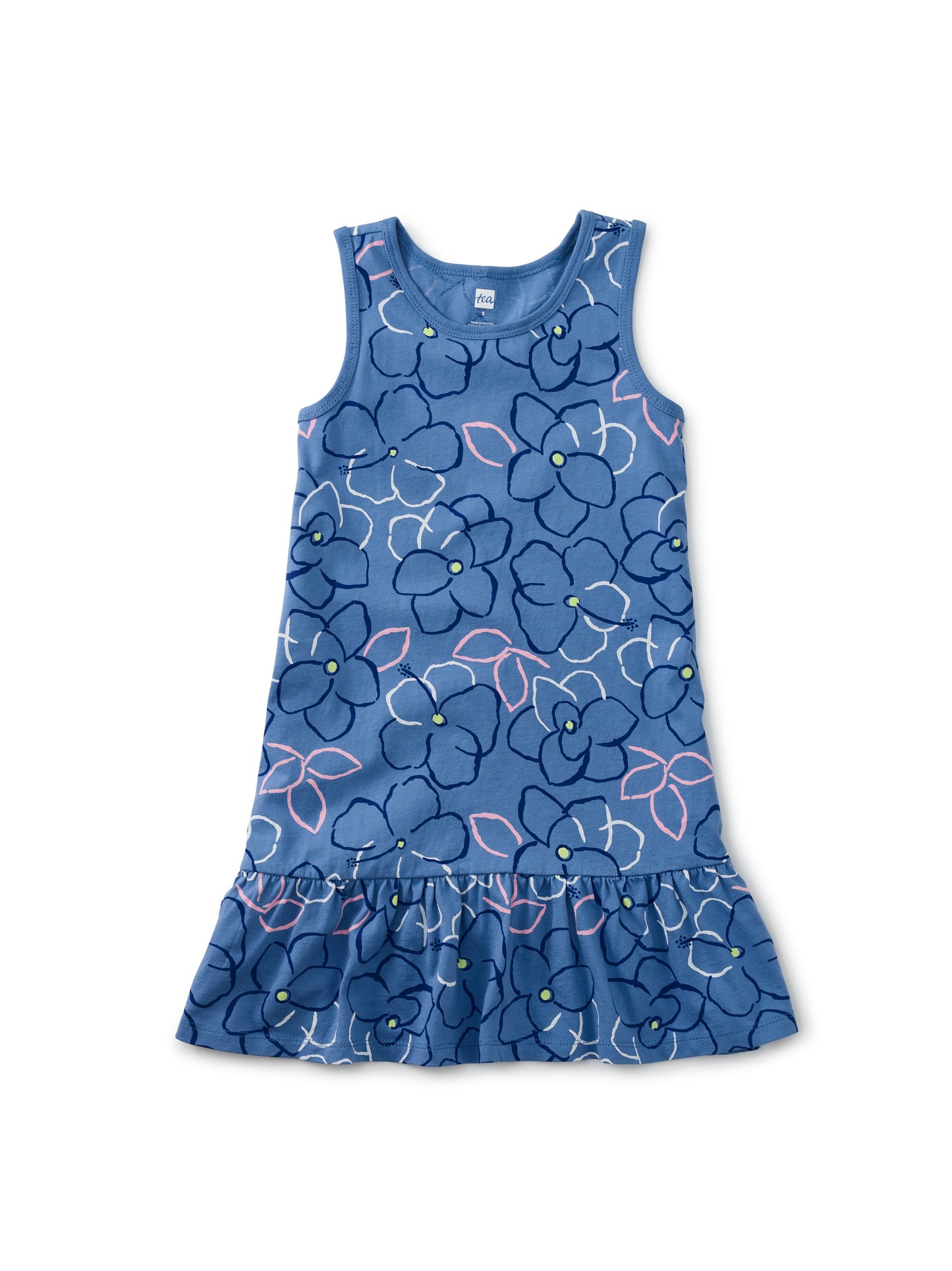 Painted Hibiscus in Blue Ruffle Hem Tank Dress