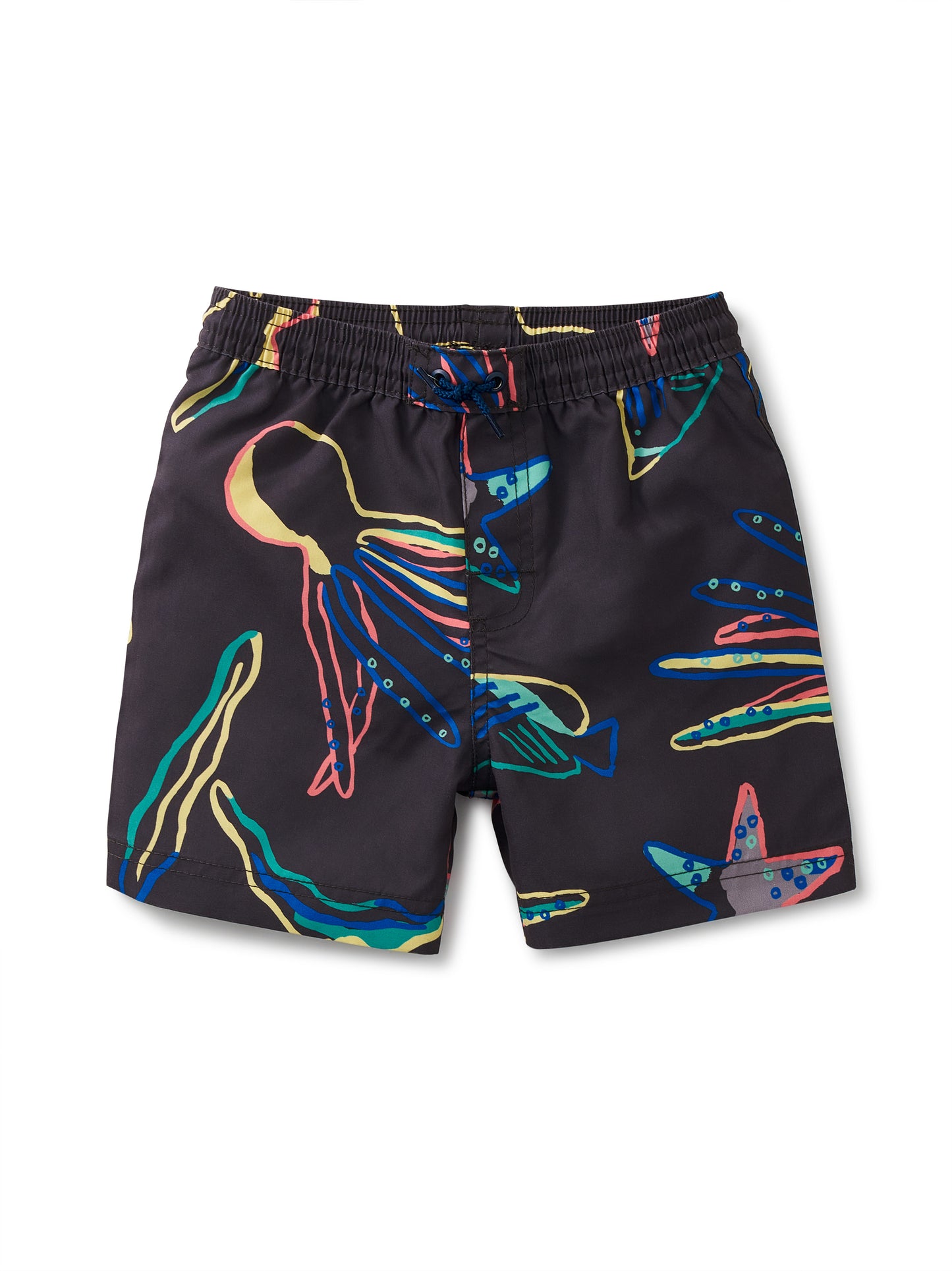 Caribbean Reef in Black Mid-Length Swim Trunks